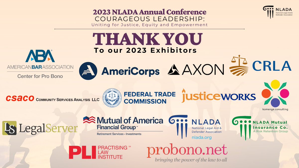 NLADA's tweet photo. Don’t forget to stop by this year's Exhibit Hall & check out the exhibitors- NLADA Mutual Insurance, @MutualofAmerica, #NLADAMembership, #NLADAVISTA, @KomengeConsults, @LegalServer, #JusticeWorks, @ProBono, @PractLawInst, @ABACtrProBono, @CRLAinc, @CommunityIT, #CSACO, @FTC https://t.co/dTcco34M5h