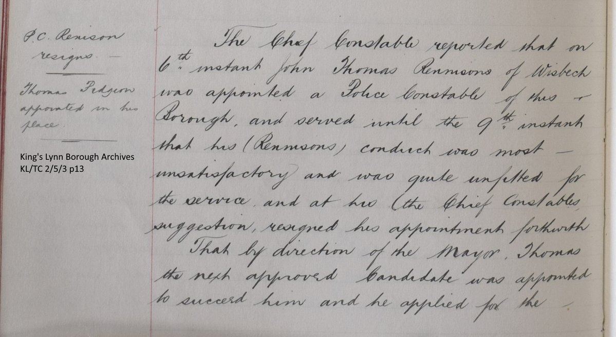 Chief Constable Ware asked for the resignation of constable John Rennison, describing him as unsatisfactory and unfitting for the post. He had been recruited on the 6th Nov 1893 and asked to resign on the 9th. The committee was told on the 15th. He is the shortest serving officer