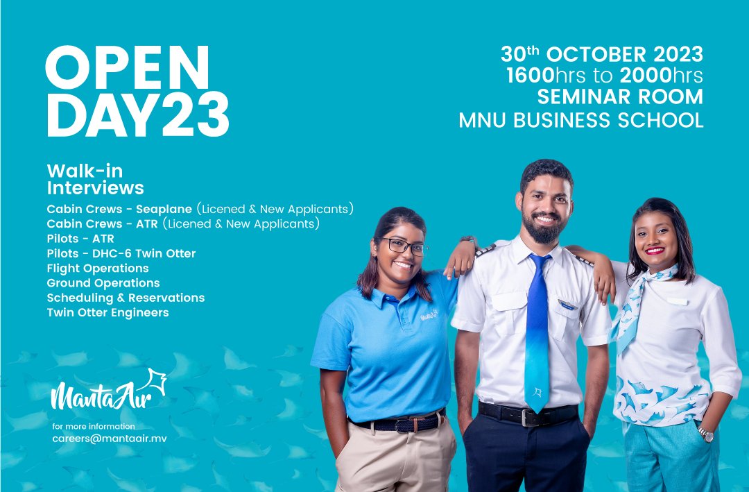 MantaAir's tweet photo. We invite you to be part of our Growth Journey. Welcome to Manta Air Open Day 2023 to be held at MNU Business School on 30 Oct 2023 from 1600hrs to 2000hrs.
See you there! 
more info: careers@mantaair.mv

#YourTropicalWaytoFly #MantaAirOpenDay23 #AviationJobs https://t.co/KVDJnBBUIl