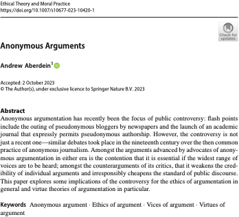 New publication! My article “Anonymous Arguments” is the sixth article to appear in the <a href="/ETMPjournal/">Ethical Theory and Moral Practice</a> issue that Katharina Stevens and I are editing: