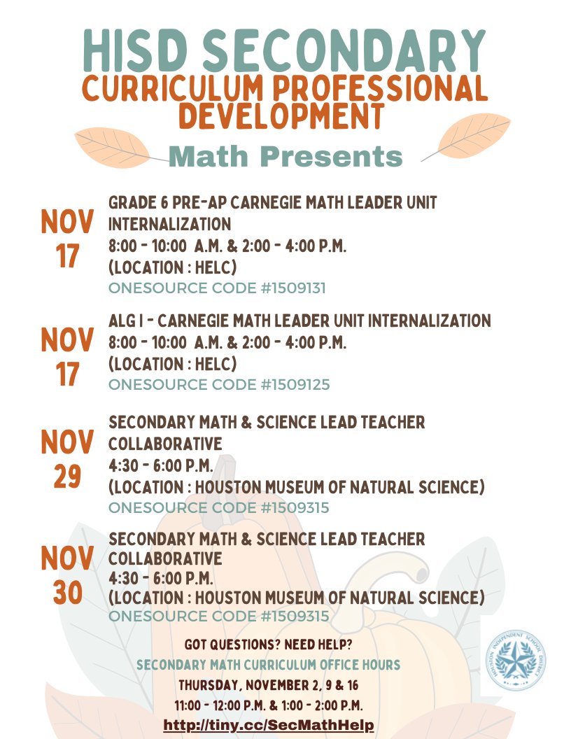 mrsllharrison's tweet photo. 📢 Calling all educators and leaders! 📢 
Join us this fall 🍁 for our curriculum PD sessions focused on secondary math and science. Let's empower our students together! 
📆Register today in OneSource!📆
@HISD_SecMath @HISD_SecSci @HISD_CPD https://t.co/Dx7Aobcrvo