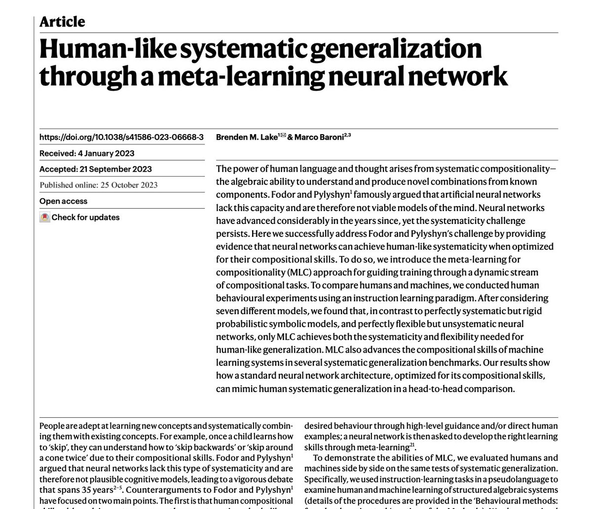 Today in Nature, we show how a standard neural net, optimized for compositional skills, can mimic human systematic generalization (SG) in a head-to-head comparison. This is the capstone of a 5 year effort with Marco Baroni to make progress on SG. (1/8) nature.com/articles/s4158…