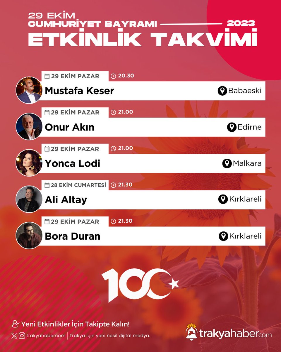 Trakya, Cumhuriyet Bayramı'nı coşkuyla karşılıyor! Bölgenin farklı şehirlerinde düzenlenecek konserlerle cumhuriyetin 100. yılı coşkuyla kutlanacak.