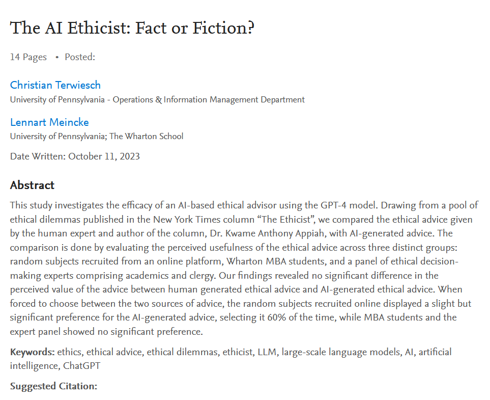 emollick's tweet photo. Sounds like a joke setup, but it is an interesting paper: Four pastors, a rabbi, thirteen academics, and 50 MBAs were asked whether they preferred the ethical solutions proposed by the NY Times Ethicist or ones proposed by GPT-4.

...it is basically a tie. https://t.co/5HmpUlS4eD https://t.co/TcorCJDrXe