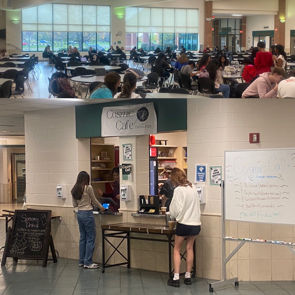 Student run Cosmic Cafe helping to provide a connect session for students to gather with friends to either do some school work or just socialize for a bit, excited for future growth and providing authentic learning and a space for students to connect! #masonmoment