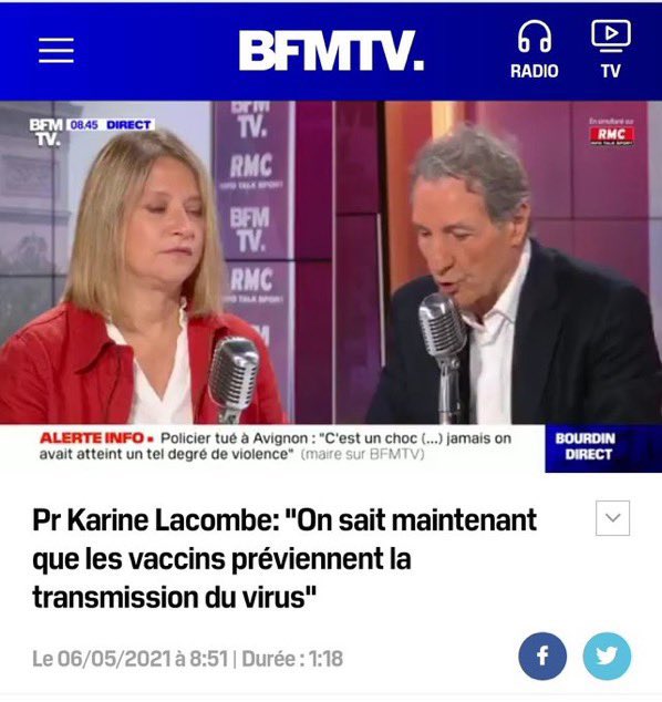 Karine #Lacombe peste contre X-Twitter et participera à la bouderie « No Twitter Day » du 27 octobre car elle dit se battre contre « la désinformation ».

…Or regardez ce que déclarait en 2021 Karine Lacombe ! « On sait maintenant que le #vaccin #covid prévient la transmission »