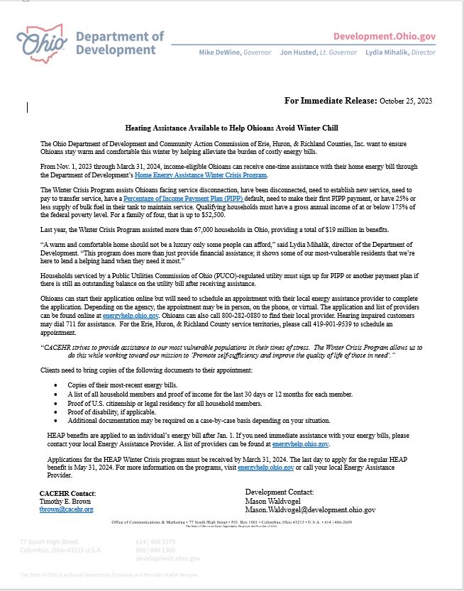 CACEHR908's tweet photo. Winter Crisis begins November 1, 2023!  Call for an appointment or contact your local office for more information on the program.  
Appointments - 419-901-9539
Erie County Office - 419-626-4320
Huron County Office - 419-668-9823
Richland County Office - 419-589-2520
#wcp #cacehr https://t.co/8QBhIt7gSI