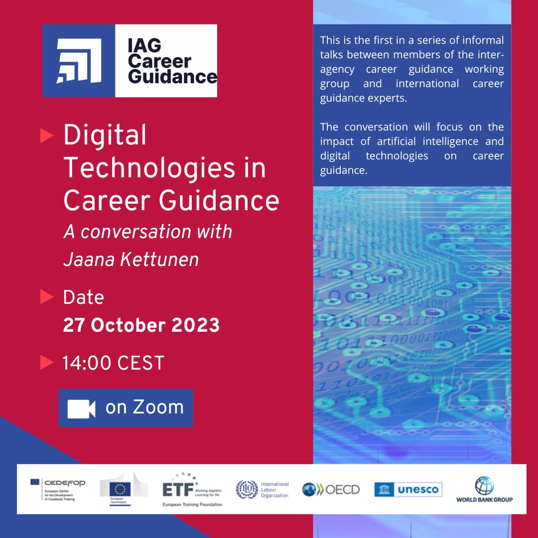 What has been the impact of #AI and digital technologies on #careerguidance? with Prof. @jaanakettunen 🗓️: 27 October ⏰: 14:00 CET 👉Register: bit.ly/46WRdof @Cedefop @UNESCO @OECDEduSkills @OECD_Social @ILO_SKILLS @ilo @etfeuropa @EU_Social @WBG_Education