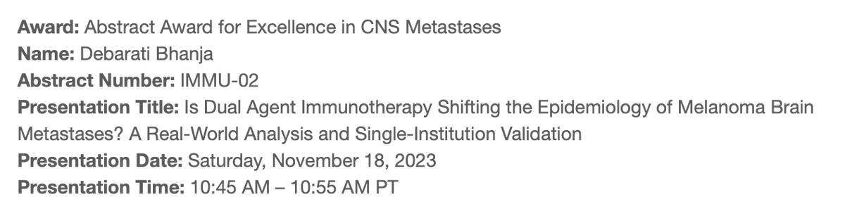 Congratulations @debaratibhanja (& mentor @DrAMansouri) for the @NeuroOnc 2023 Abstract Award for Excellence in CNS Metastases! #SNO2023 #brainmets A very well-deserved award. #Neurosurgery #neurotwitter