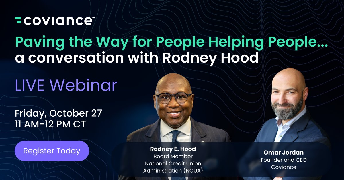 Coviance (@coviance) on Twitter photo Time is running out to secure your spot for this exclusive event! If you are a part of the #CreditUnion movement, you won’t want to miss this live #Webinar with the Honorable <a href="/Rodney_e_hood/">Rodney E. Hood</a>, 11th Chairman of the NCUA, and Coviance CEO, <a href="/OmarQJordan/">Omar Jordan</a>. hubs.la/Q024F4PL0 Time is running out to secure your spot for this exclusive event! If you are a part of the #CreditUnion movement, you won’t want to miss this live #Webinar with the Honorable <a href="/Rodney_e_hood/">Rodney E. Hood</a>, 11th Chairman of the NCUA, and Coviance CEO, <a href="/OmarQJordan/">Omar Jordan</a>. hubs.la/Q024F4PL0