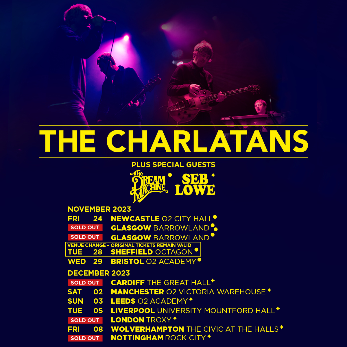 The venue for @thecharlatans Sheffield show next month has moved to Sheffield Octagon (all tickets remain valid) 👇 Tickets over here tix.to/Charlatans