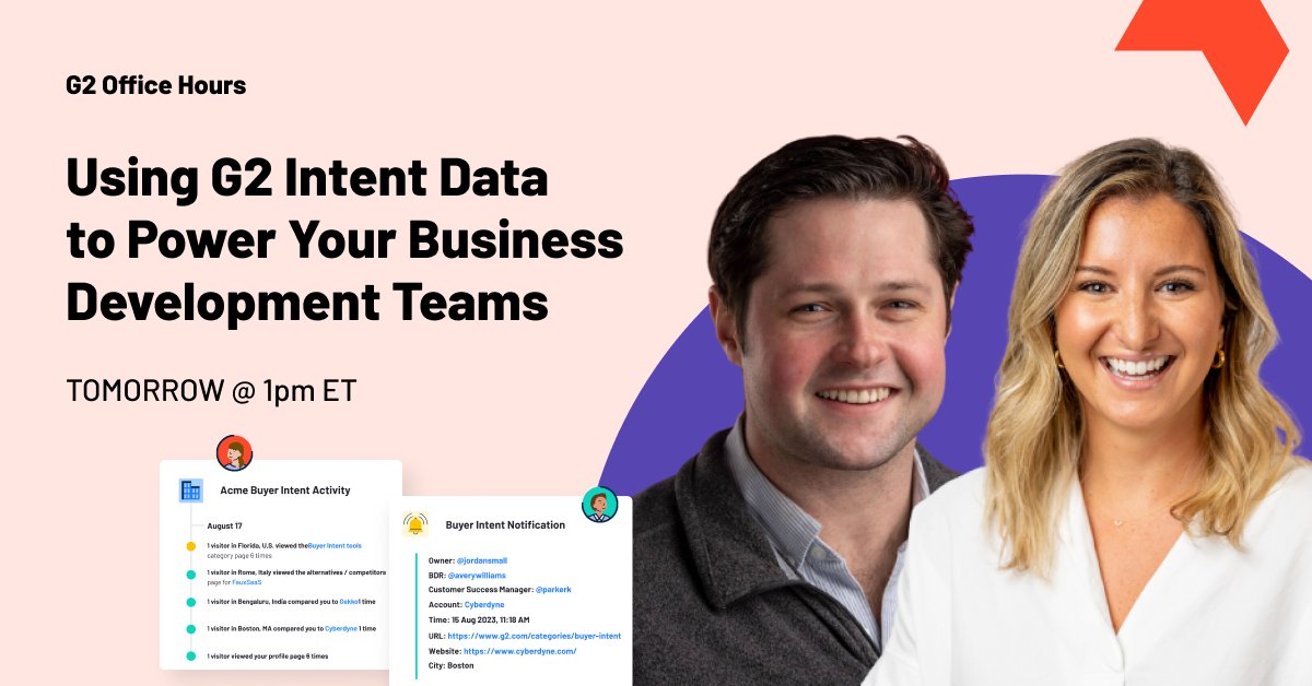 G2dotcom's tweet image. 🗓️October Office Hours are tomorrow!

Our #marketing &amp;amp; #salesdevelopment experts will be revealing how to use G2 Buyer Intent to:

⭐ Uncover the moment your ICP engages with your product, category, or competitors on G2
⭐ Sell to bottom-funnel prospects with strong intent to…