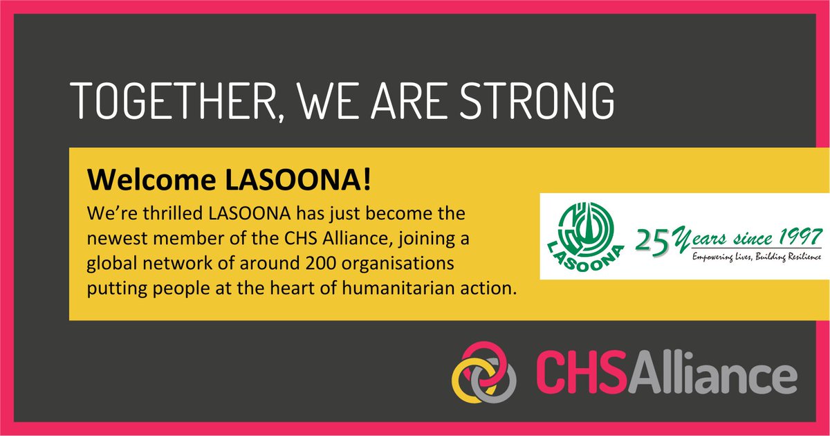 CHS_Alliance's tweet image. Welcome to @LASOONA_NGO 
 - the newest member of our movement #DemandingAccountability and using the #CoreHumanitarianStandard to #MakeAidWork better for people affected by crisis.

Learn more about @LASOONA&apos;s vital work: chsalliance.org/about/our-memb…