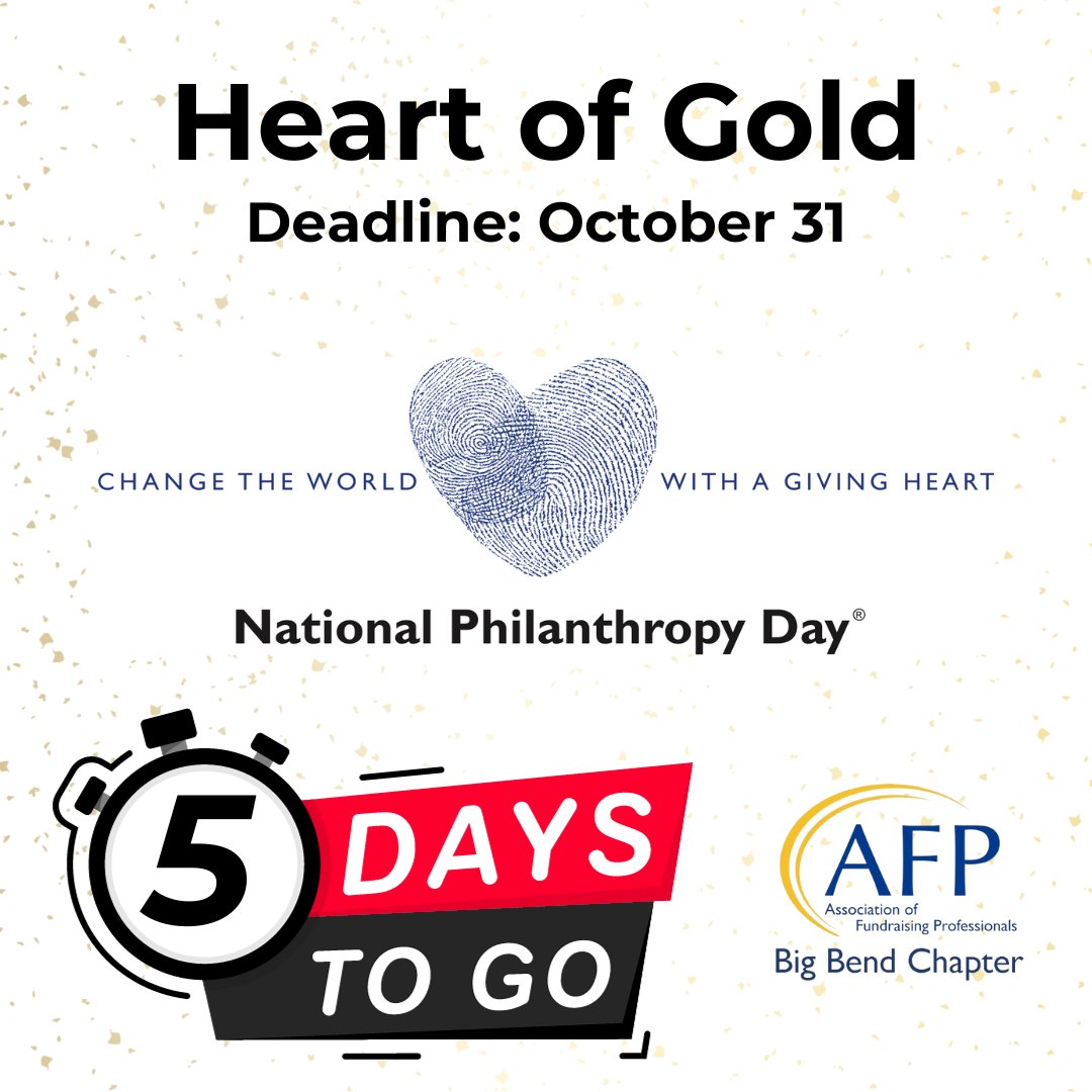 Time is Running Out! ⏳ Only 5 days left to secure your Heart of Gold table for the most remarkable evening at National Philanthropy Day. Don't miss this chance to honor the philanthropic leaders in our community. Email us at afpbigbend@yahoo.com to make your purchase today.