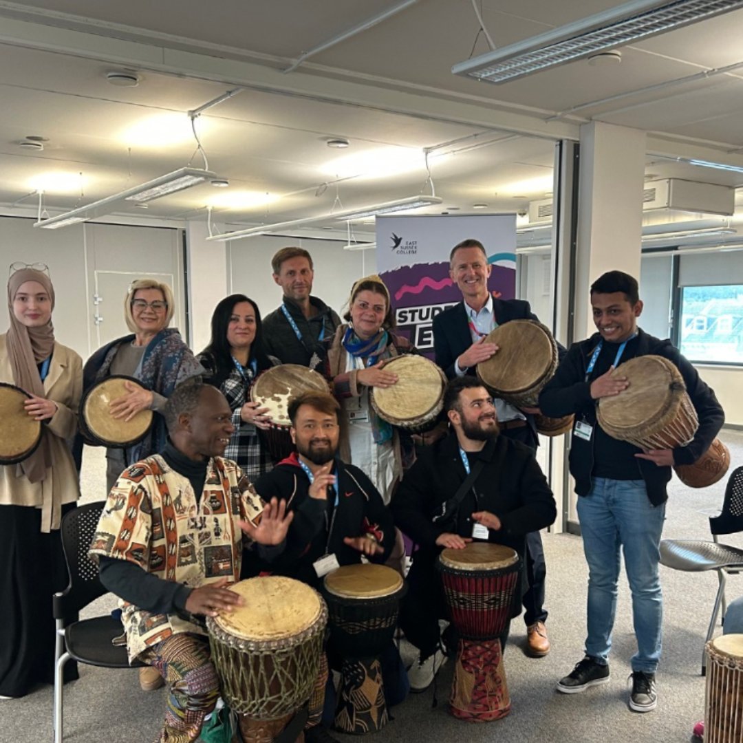WeAreESCG's tweet photo. East Sussex College celebrated Black History Month last week at our Hastings and Lewes campuses, students and staff across the campuses had the opportunity to take part in an African Drumming Workshop! 🥁

#BlackHistoryMonth2023 #BlackHistoryMonth #whystudyanywhereelse #weareescg https://t.co/A3qJ4LV99E