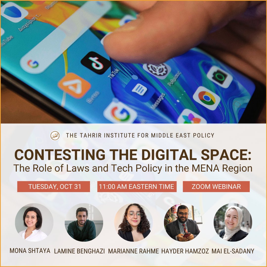 🚨NEW event this Tues, 10/31: What changing role do tech policy + emerging legislation on the digital space play across the MENA region? Hear from @Monashtayya, Lamine Benghazi, @RahmeMarianne & @Hamzoz, moderated by TIMEP ED @maitelsadany. Register here: timep.org/2023/10/24/con…