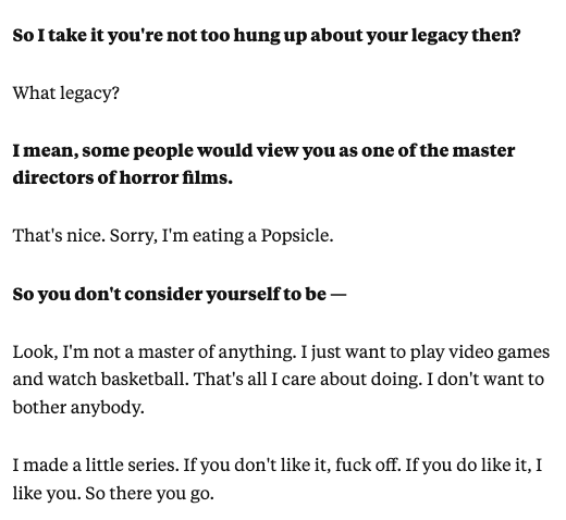 John Carpenter on his reputation of a master of horror: I just want to  play video games : r/horror