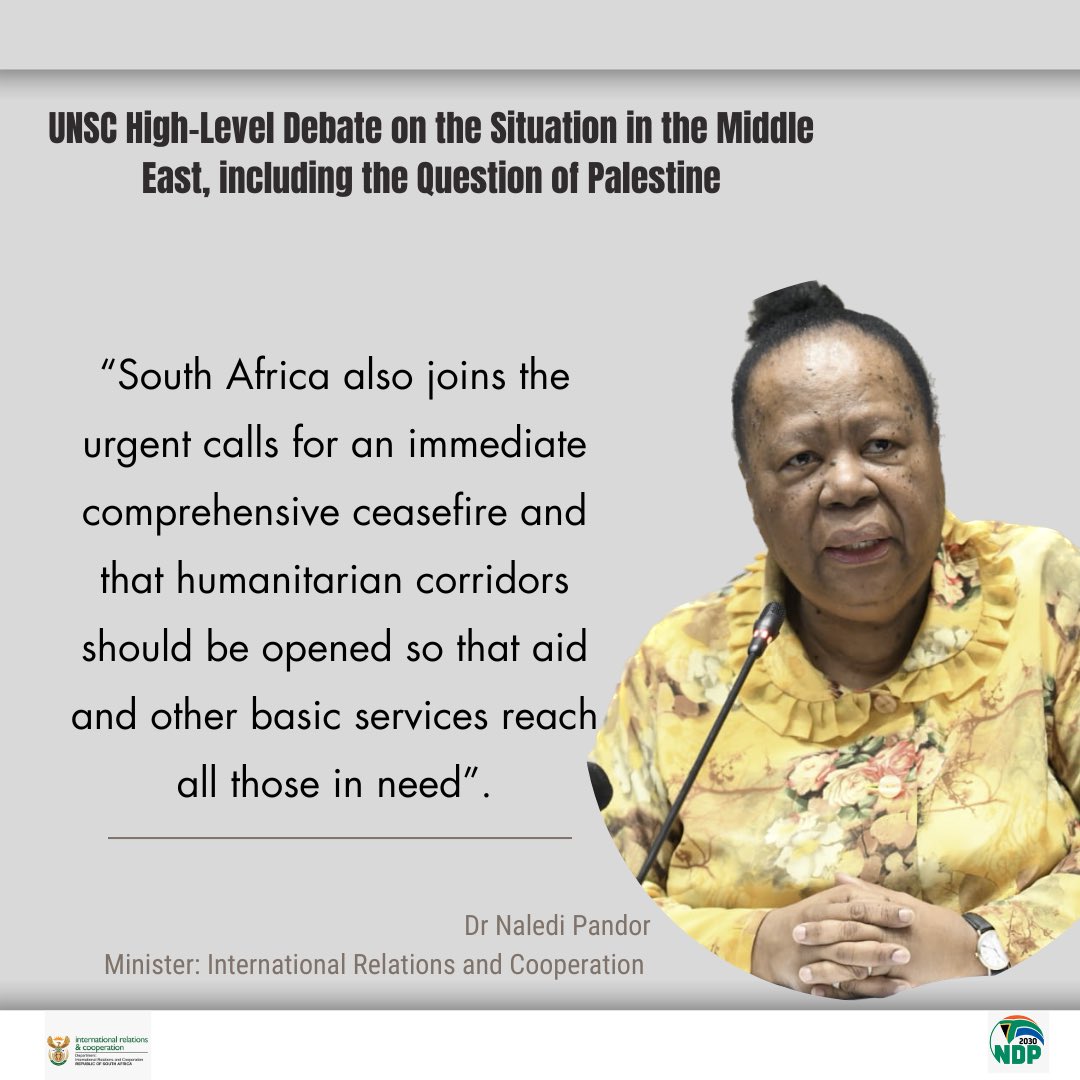 DIRCO_ZA's tweet photo. ICYMI | International Relations and Cooperation Minister, DrvNaledi Pandor participates in Session 2 of the #UNSC High-Level Debate on the Situation in the Middle East, including the Question of Palestine, 24/10/2023

#SAatUNSC https://t.co/RHgAypUM1b