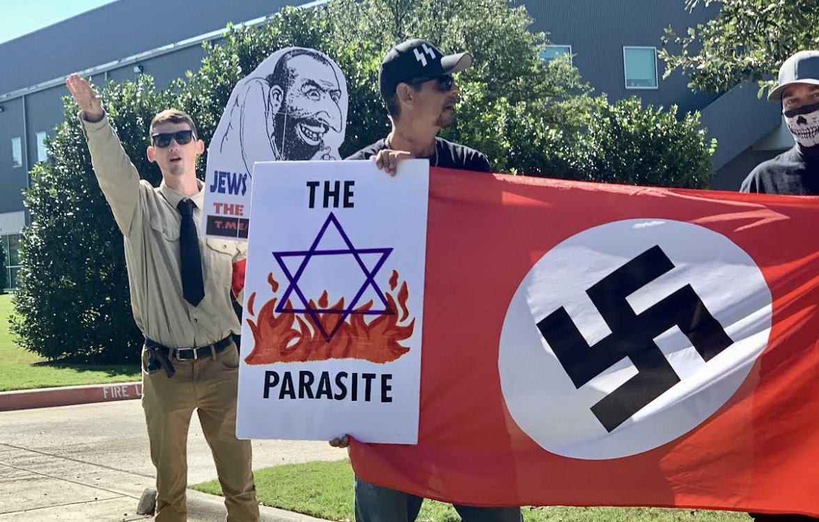 stevanzetti's tweet image. One of the Texas neo-Nazis I identified is named Barry Young, seen on the left in these photos. According to his LinkedIn page, he interned for Luke Macias, a GOP consultant who has worked with Jonathan Stickland — another consultant who met with Hitler admirer Nick Fuentes.

2/