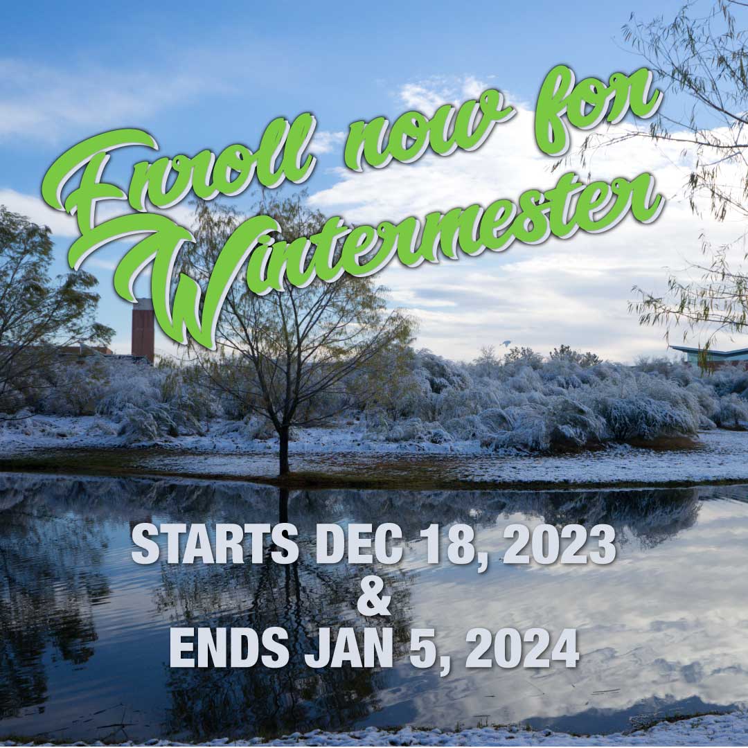 Complete an online course in three weeks. For wintermester course list visit alamo.edu/nlc/courses