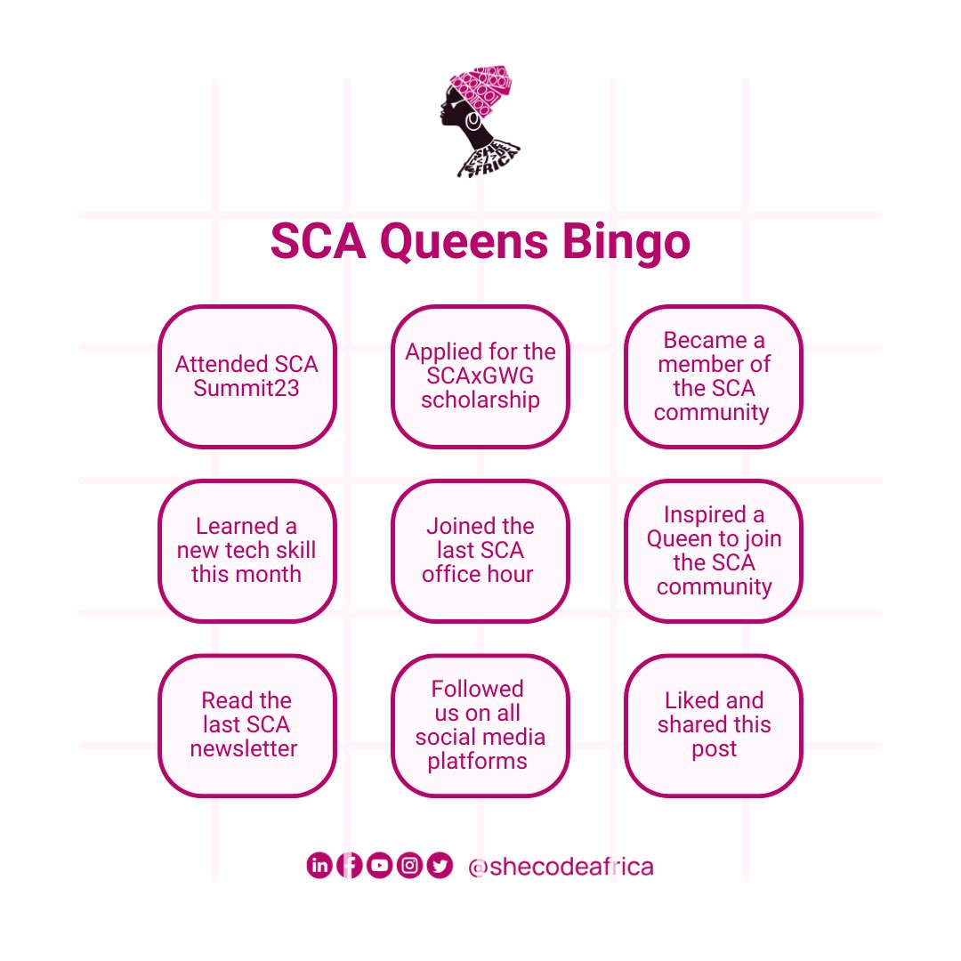 SheCodeAfrica's tweet photo. Let’s see our true SCA Queens! 😊😊😊😊

How many of these bingo cards can you proudly claim under 10 seconds? 😁😁😁

Let’s gooo 💃💃💃💃

#SheCodeAfrica #SCAQueens https://t.co/hjbmjEiwex