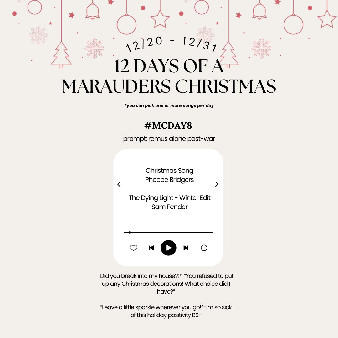 maraudersfest's tweet photo. it’s not a marauders christmas fest until there’s angst! here are your prompts for 27/12 #MCDAY8 https://t.co/5zxd8pbE4B