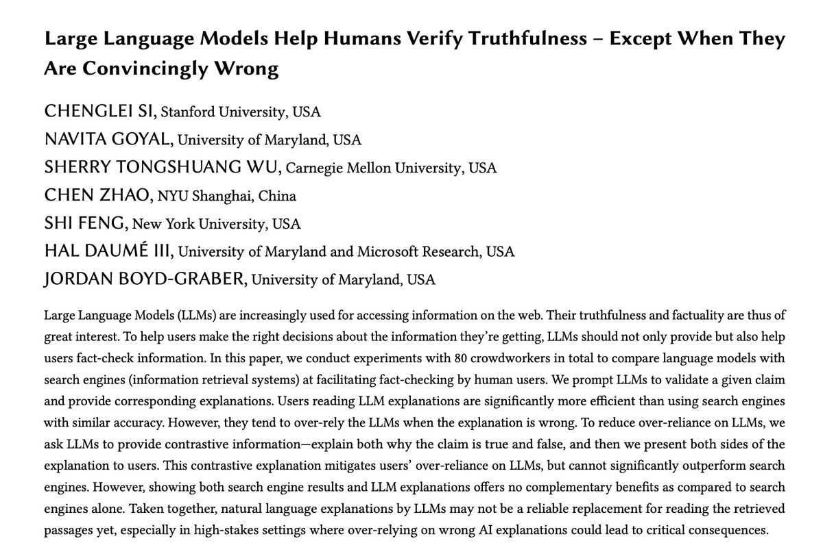 How can we humans verify the truthfulness of LLM outputs (or any claims you see on the Internet)? Should we ask ChatGPT (#LLMs)? Search on Google (retrieval)? Are they complementary?

Tldr: LLMs Help Humans Verify Truthfulness - Except When They Are Convincingly Wrong!

1/n