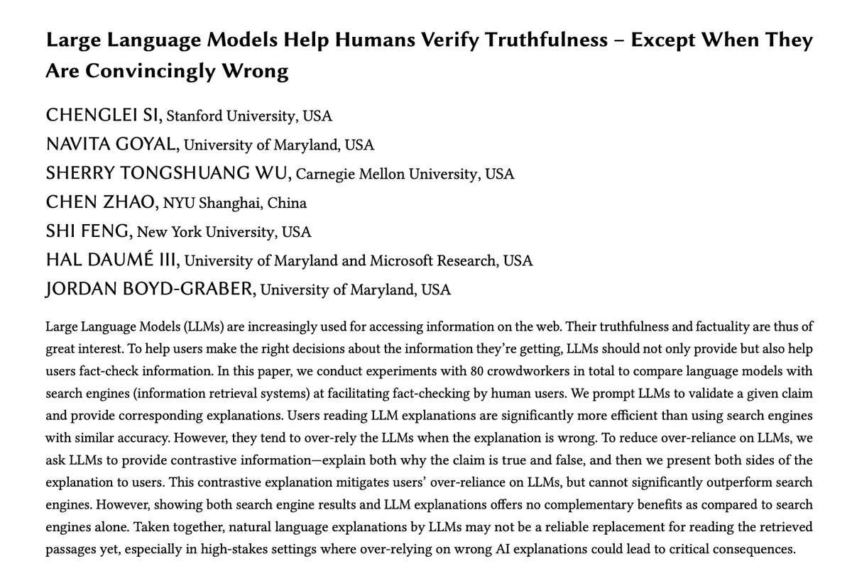 How can we humans verify the truthfulness of LLM outputs (or any claims you see on the Internet)? Should we ask ChatGPT (#LLMs)? Search on Google (retrieval)? Are they complementary? Tldr: LLMs Help Humans Verify Truthfulness - Except When They Are Convincingly Wrong! 1/n