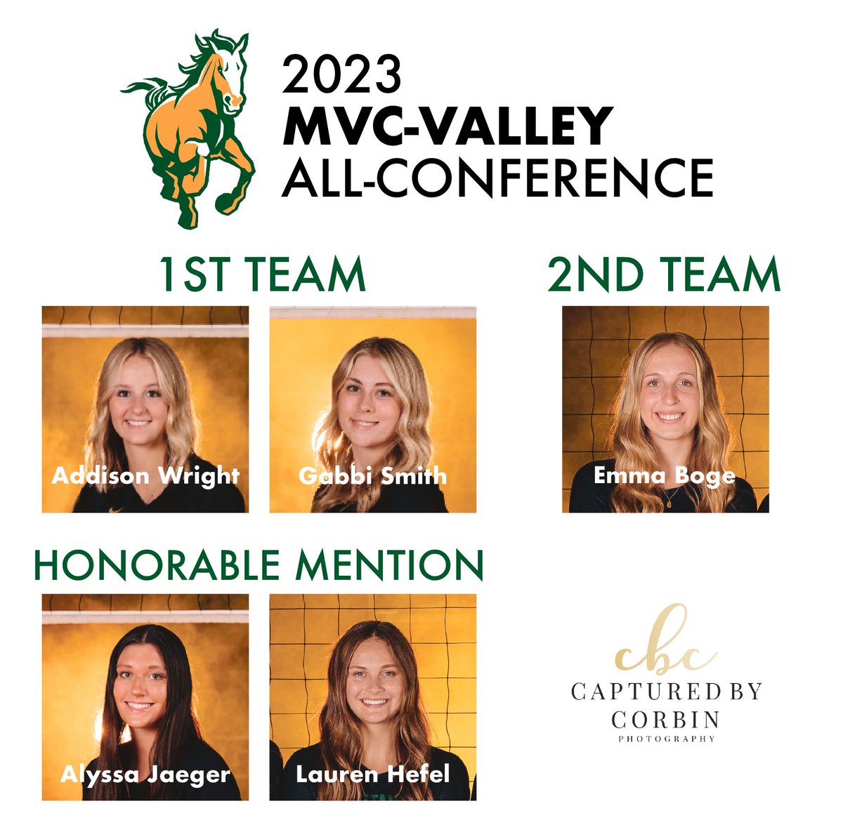 Congratulations to all our Mustangs earning MVC All-Conference Awards! We are so proud of each and every one of you!! 💚🏐🫏🏆
<a href="/addisonwright22/">addison wright</a>
<a href="/gabbi1324/">Gabbi Smith</a> 
<a href="/emma34468646/">emma boge</a>
<a href="/alyssajaeger4/">alyssa jaeger</a>
<a href="/lauren_hefel/">Lauren Hefel</a>
