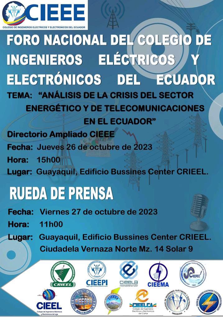 Se invita a todos los profesionales de los sectores eléctricos y telecomunicaciones, a los dos importantes eventos detallados.  @ARC_EnergiaEc @RecNaturalesEC <a href="/Telecom_Ec/">Ministerio de Telecomunicaciones Ecuador 🇪🇨</a> <a href="/Arcotel_ec/">Arcotel Ecuador</a> <a href="/CNEL_EP/">CNEL EP</a> <a href="/CNT_EC/">CNT Ecuador</a> <a href="/cieeecuador/">CIEEE</a> <a href="/NacionalSide/">SIDE NACIONAL</a> <a href="/EcuadorCut/">CUT ECUADOR</a> <a href="/DanielNoboaOk/">Daniel Noboa Azin</a>