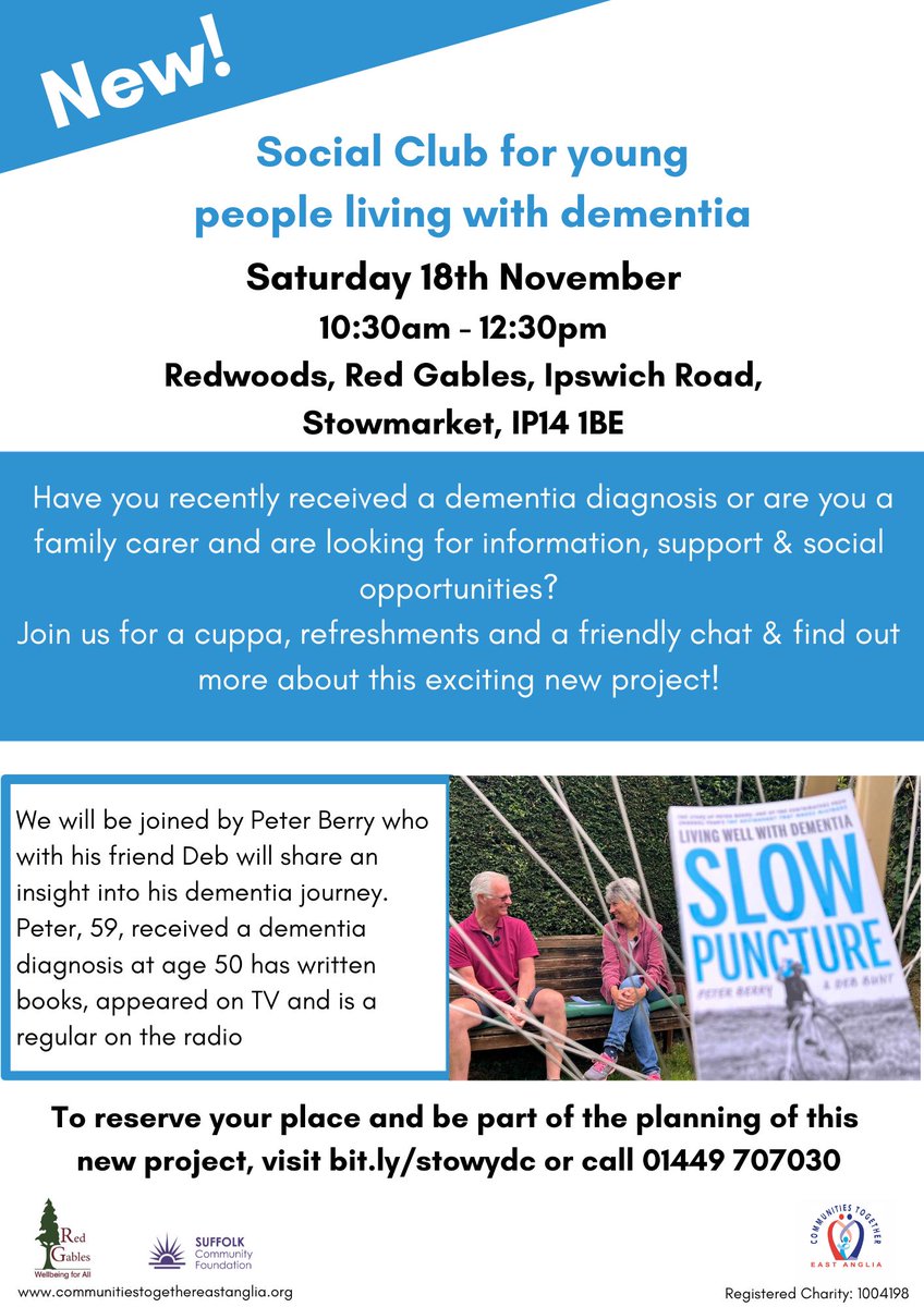 For #Suffolk people: please feel free to RT/RX to ensure the event is accessed by as many as possible @BBCSuffolk @RadioJohnnie @DungerRob @andyread52 @CommunitiesTog @SNEEICB_IES @ipswichdementia @SNEEICB_WS @NHSuk #earlyonsetdementia #Alzheimers #livingwell   @PeterBe1130