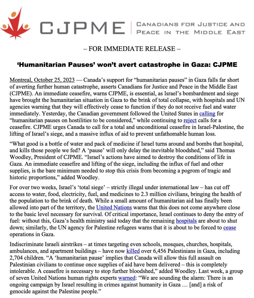 Canada’s support for “humanitarian pauses” in Gaza falls far short of averting further human catastrophe. As Israel’s bombardment and siege have brought the humanitarian situation to the brink of total collapse, an immediate ceasefire is essential.