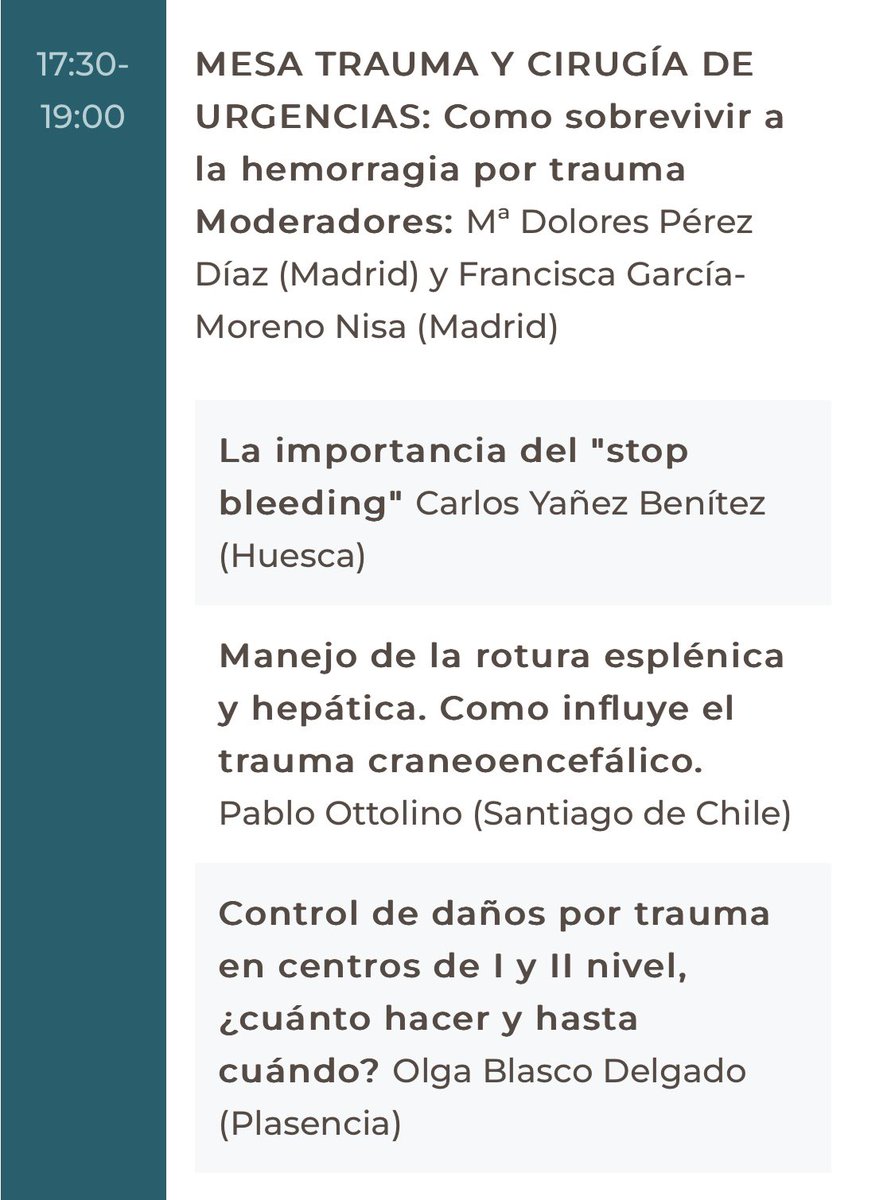 🗒️Mañana volvemos con otra mesa de trauma y cirugía de urgencias

🕰️🔉17:30h: Como sobrevivir a la hemorragia en trauma 

Sala Sinfónica🎶

Os esperamos! 

<a href="/CarlosYanezCiru/">Carlos Yanez MD, MSc, FACS</a> <a href="/ottolinopablo/">Pablo Ottolino</a> @olgablasco <a href="/NisaFrancisca/">Francisca García-Moreno Nisa</a> 
<a href="/FelipePareja67/">Felipe Pareja 🇪🇸</a> <a href="/vir_dur/">Virginia Durán</a> <a href="/LandaluceAitor/">Aitor Landaluce</a> <a href="/EnricoMarrano/">Enrico Marrano, MD</a> <a href="/RFarr15/">R. Farré</a>