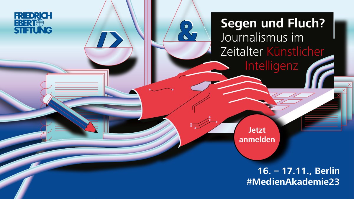 Am 16./17.11. diskutieren wir @tazgezwitscher-Kantine mit Journalist_innen, Wissenschaft und Politik über #KI im Zeitalter Künstlicher Intelligenz und blicken hinter den Hype. Seid dabei, probiert KI-Anwendungen aus und vernetzt Euch. Anmeldung👉fes.de/medienakademie…
