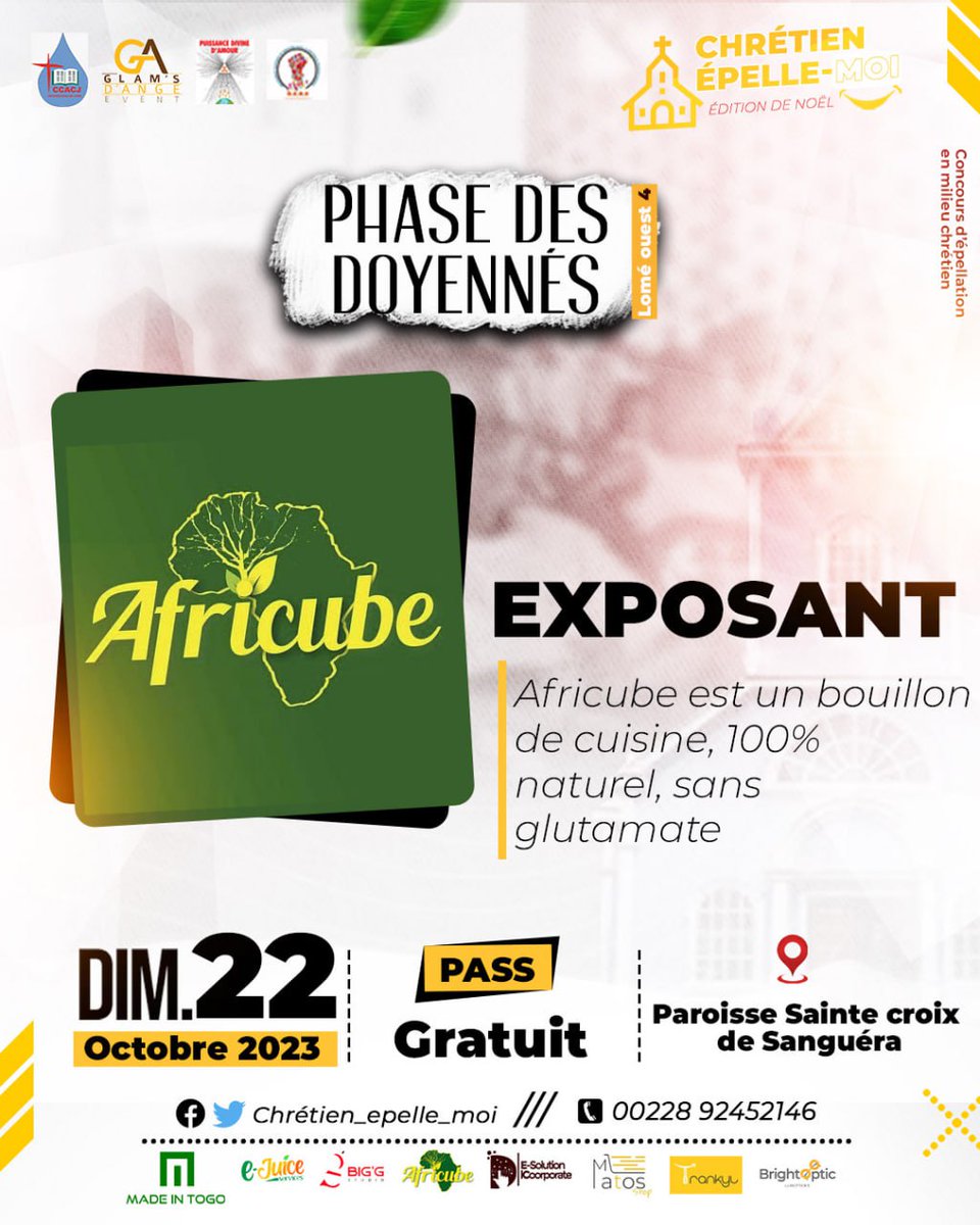 MoiChretien's tweet photo. Nous vous attendons tous nombreux pour venir découvrir notre entrepreneurs locaux. 

Comme exposants nous aurons 

Africube   
E - juice service 
Sodjinè Group SARL  
Trankyl 

C'est demain l'événement, mais avant bonne week-end 😊

#épellemoi #concourschretiens #foire #ccacj https://t.co/est9YJIDbF