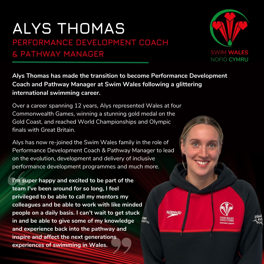 Croeso nôl, Alys!🙌

@Alys_thomas, our 2018 Commonwealth Games gold medallist, is back working within the National Governing Body and ready to use her 12 years of international experience to help develop our aquatic pathways in Wales.

Inspiring the next generation!🏊‍♀️