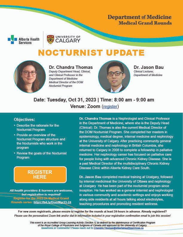 Join us October 31 for @CalDomMed Medical Grand Rounds on zoom. Dr. Chandra Thomas and Dr. Jason Bau will give a Nocturnist Update. Register here: bit.ly/DomMgr23-24 #medicalgrandrounds