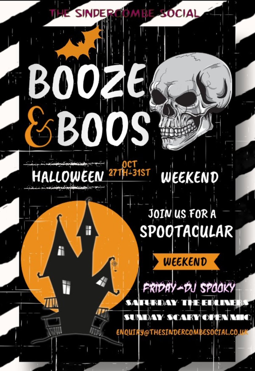 👻 Halloween Weekend at <a href="/Sindercombe/">Sindercombe Social</a>! 🎶 DJ Friday, Edliners Saturday, sports all weekend, open mic Sunday, HOTVOX Monday, &amp; Trick-or-Treats Tuesday 31st! 🍬🎃