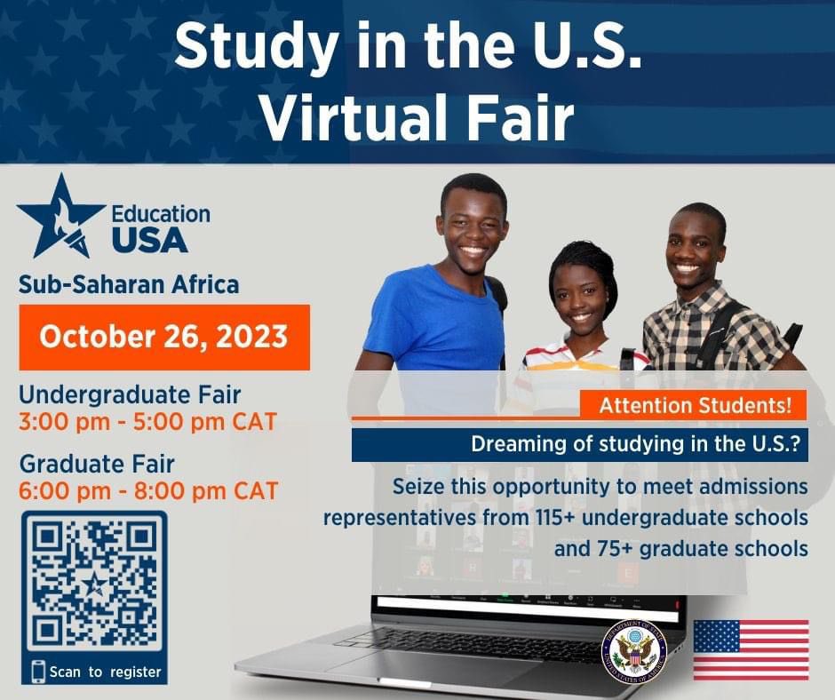 Calling all aspiring students! 
Don't miss the fourth annual EducationUSA Sub-Saharan Africa Virtual Fair on Oct 26 
Undergraduate: 3-5pm & Graduate: 6-8pm
Visit EducationUSA online at educationusa.state.gov 
#EducationUSA #VirtualFair
#StudyintheUS #HanoTechnicalUniversity