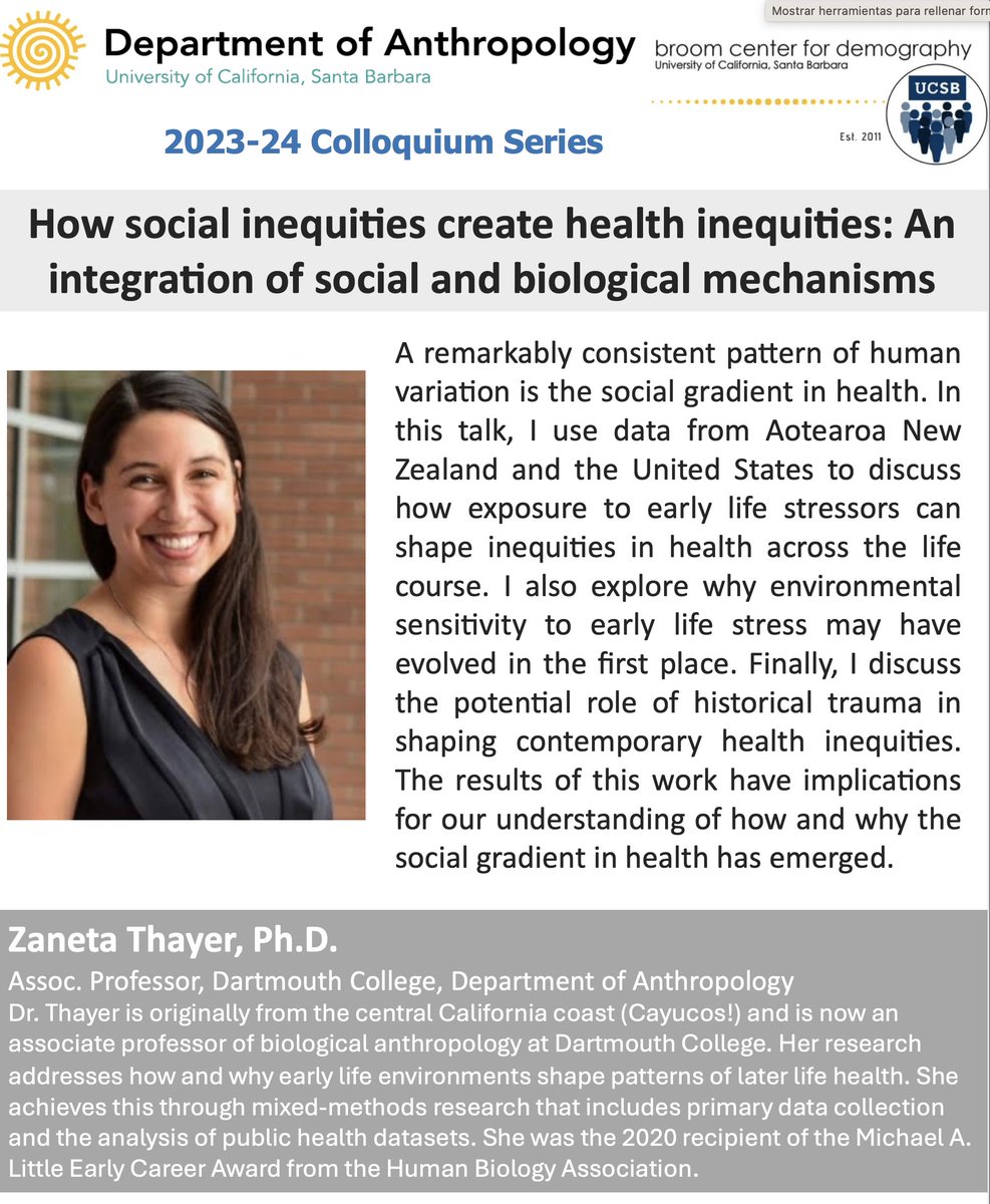 This week's UCSB Anthro Colloquium features Dr. Zaneta (Zane) Thayer, co-hosted by the Broom Center for Demography. If you're on campus join us in HSSB rm 2001a Fri 10/27 at 12-1pm.