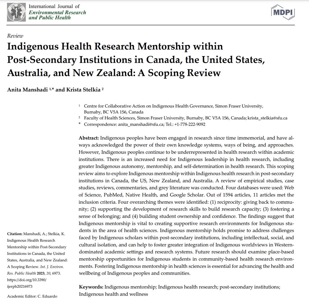 📢New Publication 📢 Honoured to co-write this article with my mentor <a href="/KStelkia/">Dr. Krista Stelkia</a> on
Indigenous Health Research Mentorship within Post-Secondary Institutions in Canada, the United States, Australia, and New Zealand: A Scoping Review mdpi.com/2534362 #mdpiijerph <a href="/IJERPH_MDPI/">IJERPH</a>
