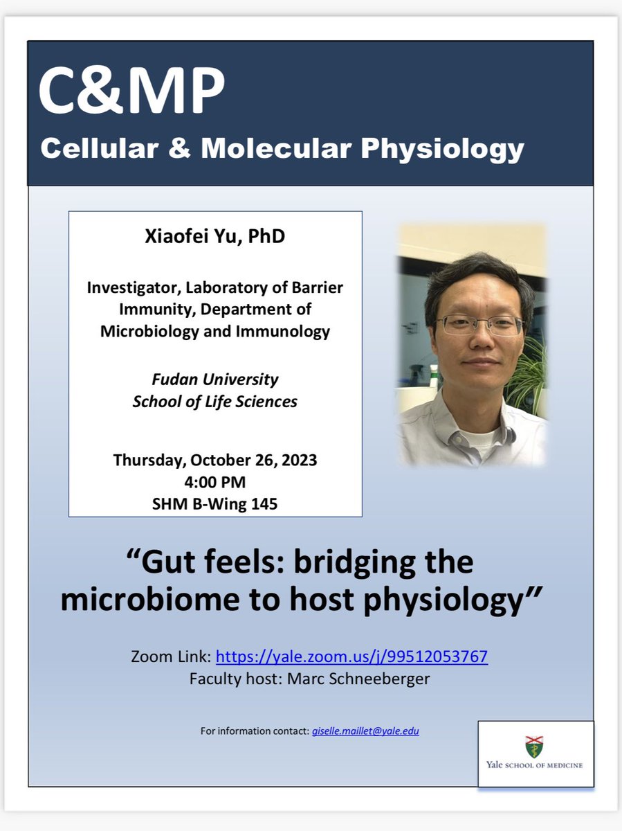 New CMP seminar this week! 
We’ll have the honor of listening Dr. Xiaofei Yu from Fudan University talking about "Gut feels: bridging the microbiome to host physiology" 👏🏽 

📆 Thursday, October 26
📍SHM B145  
⏰ 4:00 pm

#yale #CMPseminar #microbiome #gut