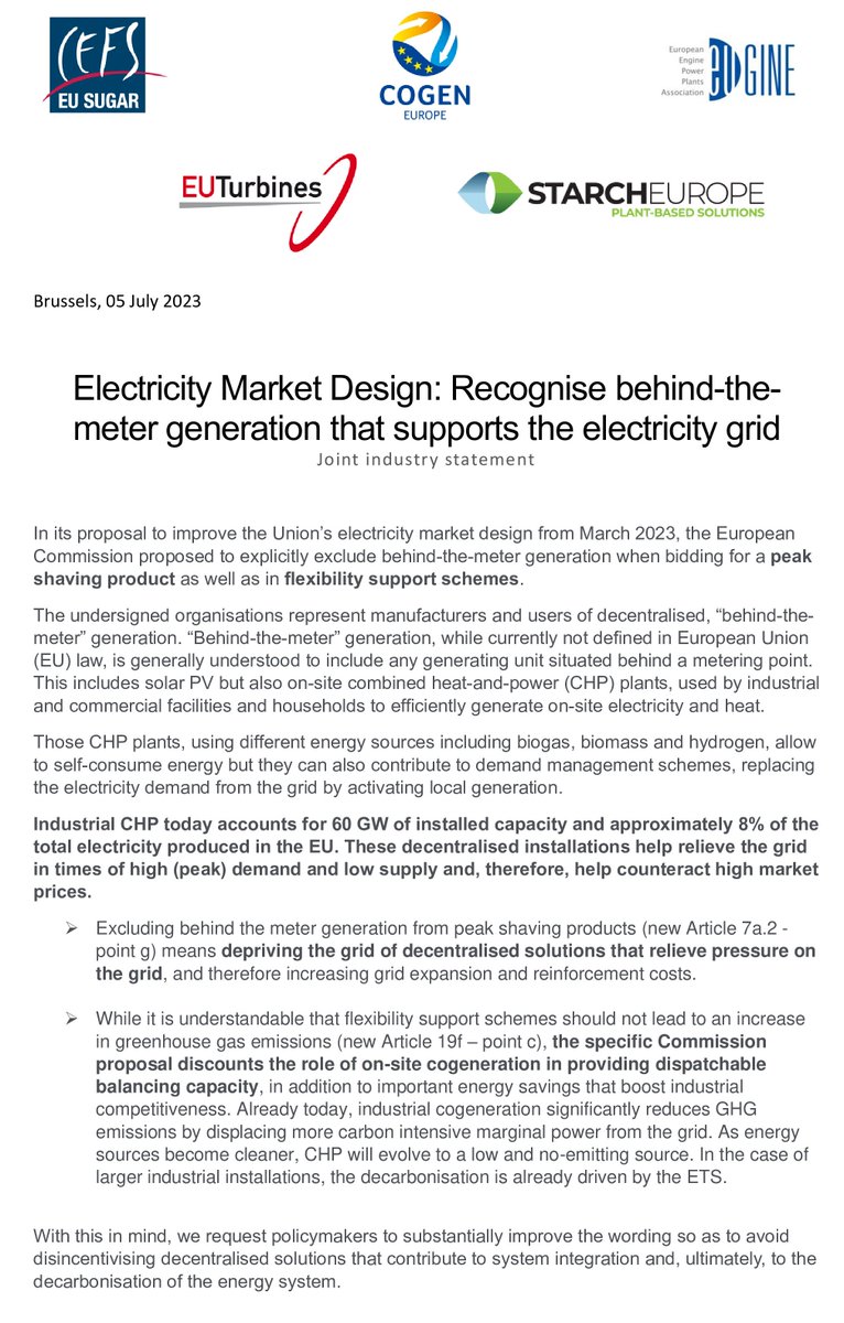 Our strong message to the EU institutions on reforming the design of Europe's #ElectricityMarket 🇪🇺

📢 Don't forget about the role of #distributedpower including on-site #cogeneration ⚡

See our joint statement with @EUGINE_EU, @EUTurbines, @SugarEurope & @StarchEurope ⬇️