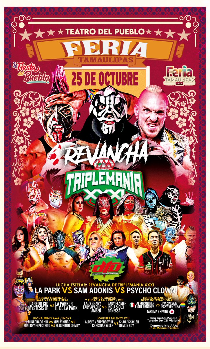 El arte del pancracio mexicano llega a la #FeriaTamaulipas2023 de la mano de la Revancha Triplemanía AAA.

Te esperamos hoy 25 de octubre, en punto de las 8:00 p.m.
