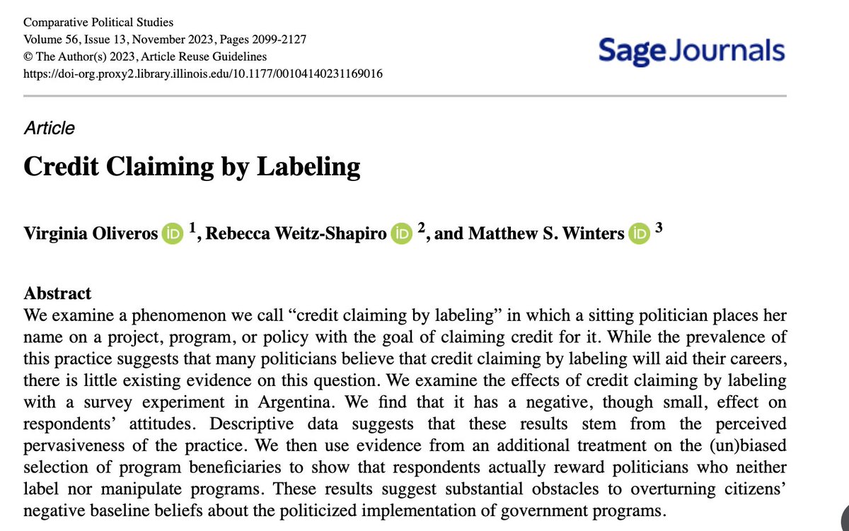 Now with issue number: my article with @VirOliveros and Rebecca Weitz-Shapiro on credit claiming by labeling can be found in the latest @cps_journal -- see the thread below for a summary! Credit claiming is surprisingly under-researched; we hope to see others build on our work!