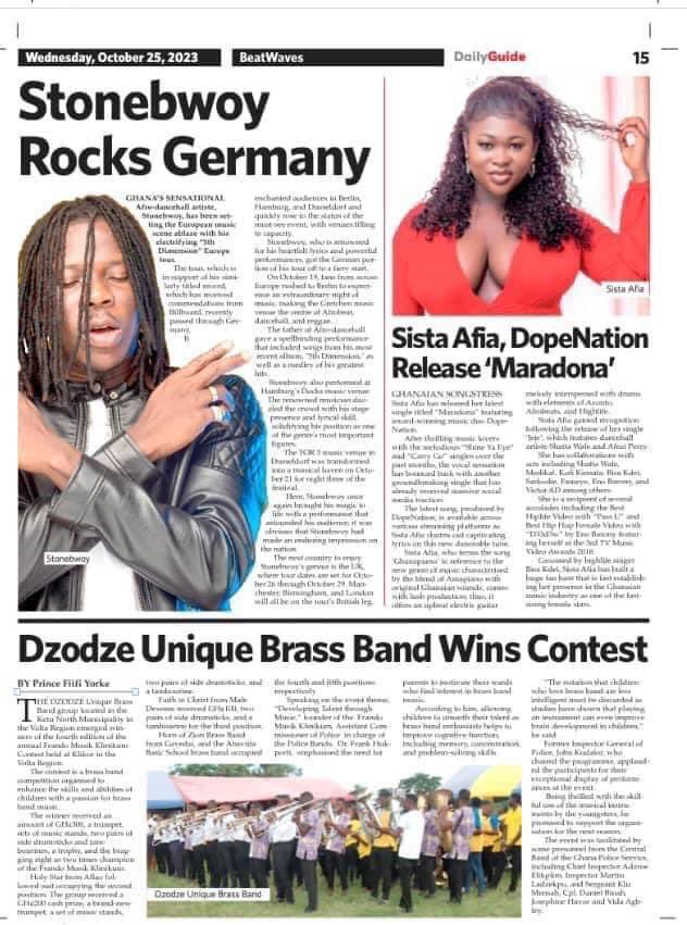 Daily guide newspaper reported , Stonebwoy ongoing tour and its proceedings. 

bio.to/Stonebwoy

#BhimNationGlobal
#5thDimensionAlbumWorldTour