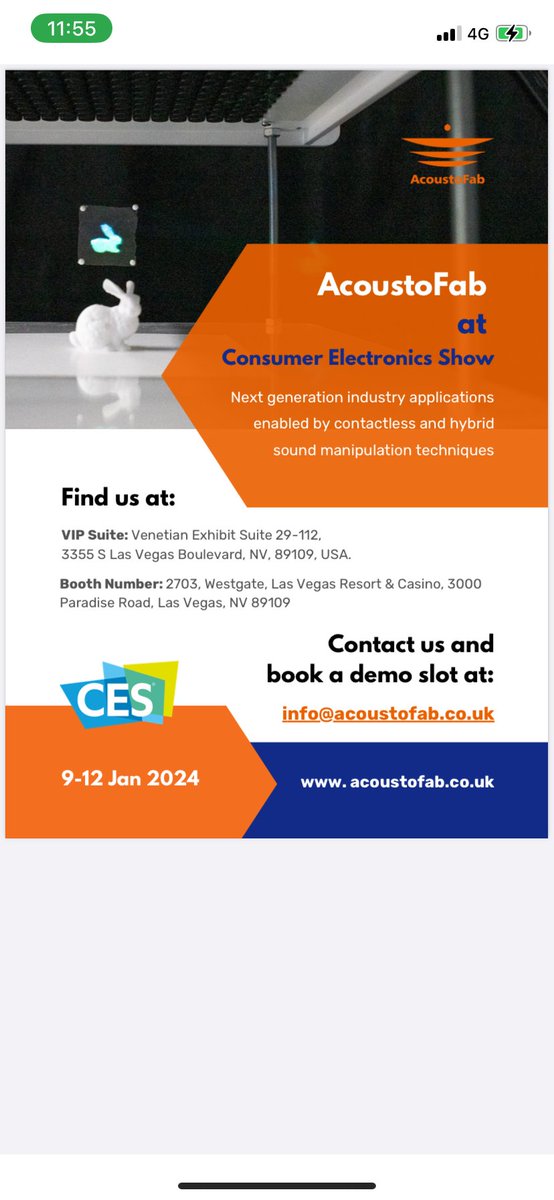 Please join me to celebrate the launch of AcoustoFab, a disruptive startup from UCL with a personal demo at <a href="/VenetianVegas/">The Venetian Resort Las Vegas</a> or the booth during <a href="/CES/">CES</a> #2024 on 9th-12th January. #acousticlevitation #innovation <a href="/ucl/">UCL</a> <a href="/uclcs/">UCL Computer Science</a> <a href="/UCLEnterprise/">UCL Innovation & Enterprise</a> <a href="/UCLEngineering/">UCL Engineering</a> info@acoustofab.co.uk