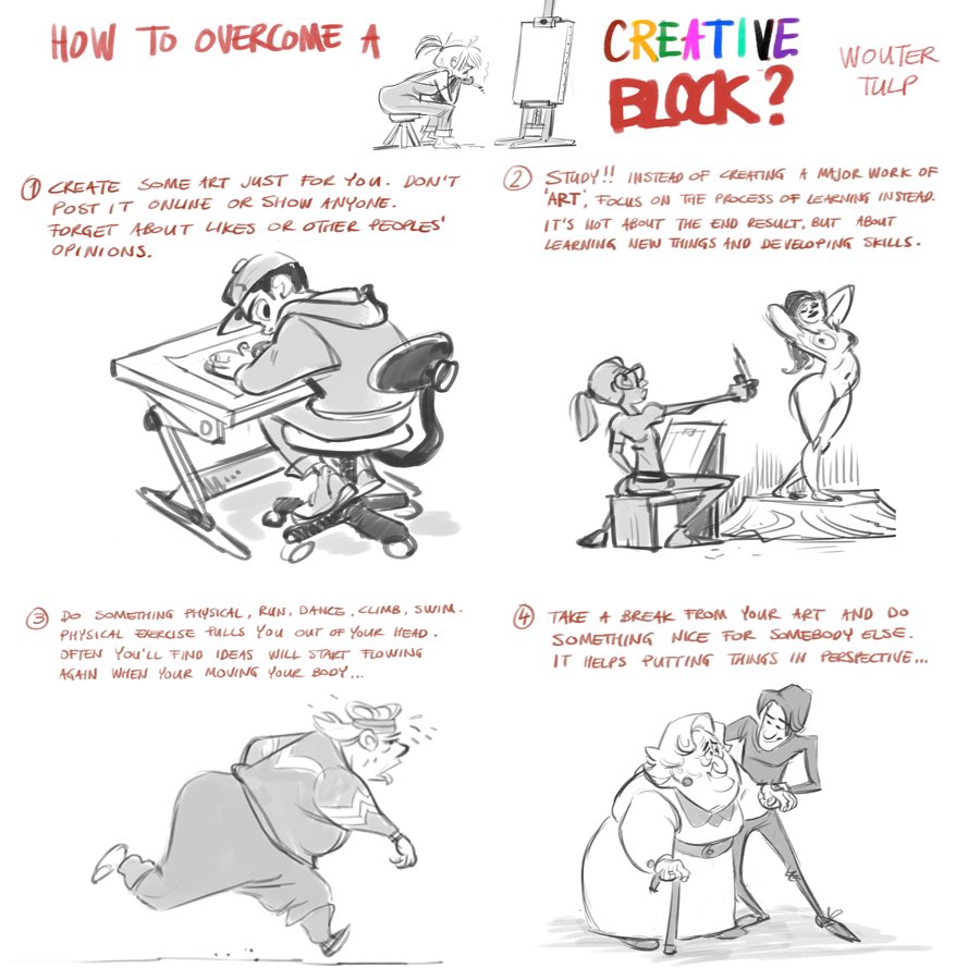 Our next feature artist/tutorial today is this wonderful page of thoughts on CREATIVE BLOCK by the brilliant @woutertulp (who seems to have abandoned his Twitter account, so follow him on Instagram HERE:instagram.com/woutertulp/). This advice is GOLDEN! #artists #gamedev #DRAWING