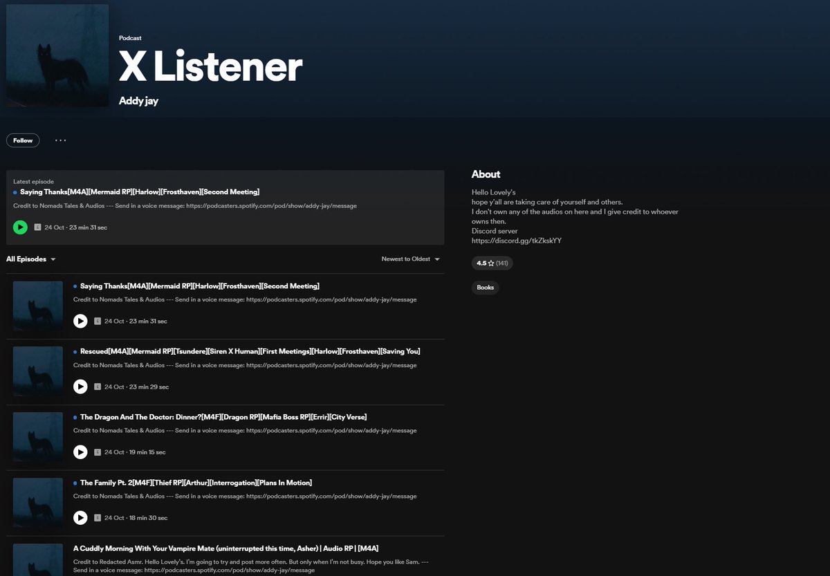 ZSakuVA's tweet image. Adding on for all Audio RP/ASMRtists that there’s other ‘podcasts’ doing the same thing.
‘Credits to __’ means nothing; it’s just stealing.

If you see a creator you know in the lists, please tag them and let them know.

spotify.link/NcrphiEpbEb

spotify.link/sbmCQTOpbEb