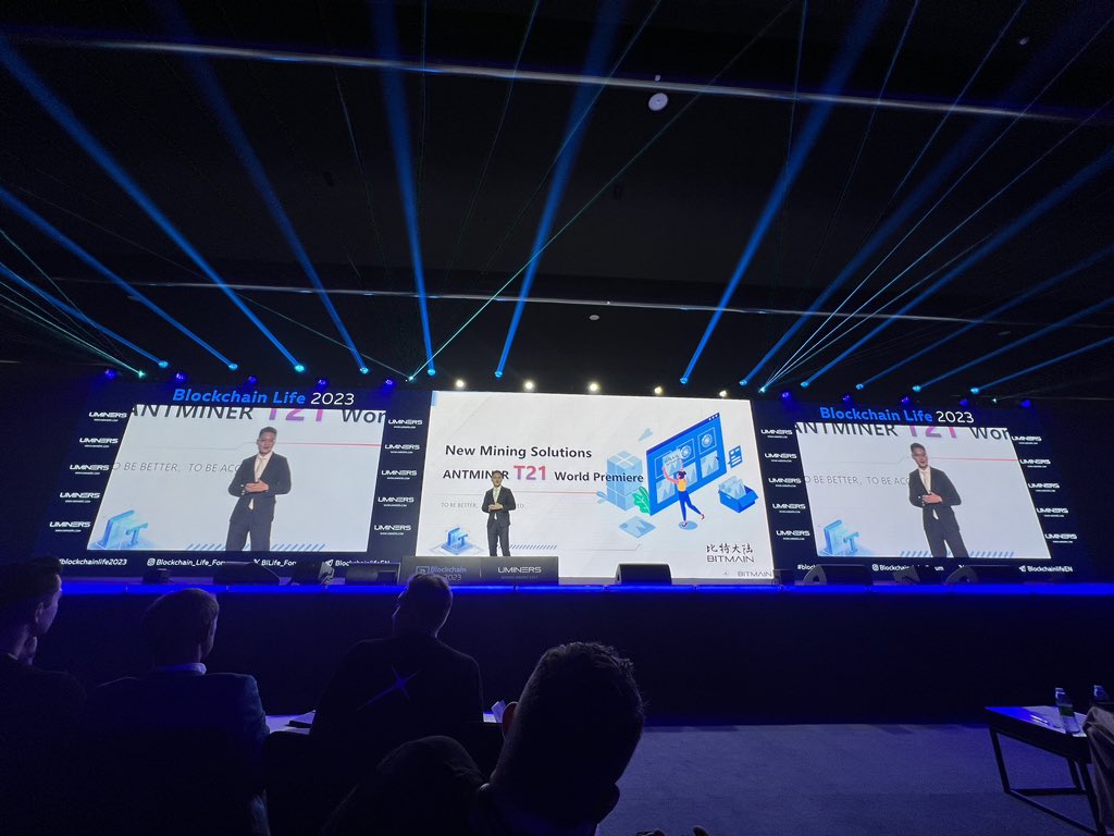 SinoCrypto's tweet image. .@BITMAINtech Max Hua (CFO) and Irene Gao (Head of Global Sales) announcing their latest #bitcoin miner, the @Antminer_main T21 with hashrate specs of 190TH and 19J/T

#blockchainlife2023